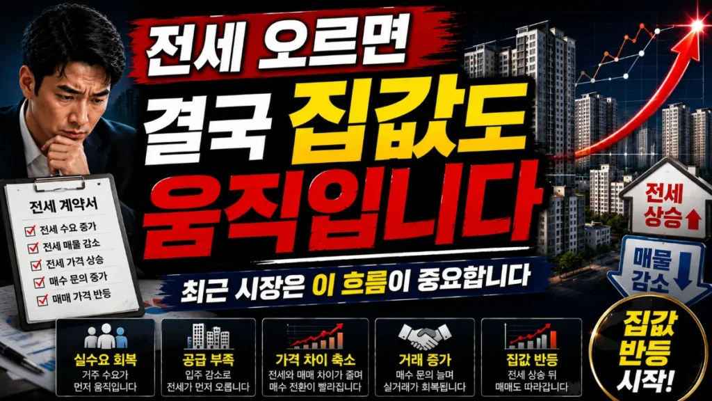 전세 오르면 결국 집값도 움직입니다. 최근 시장은 이 흐름이 중요
